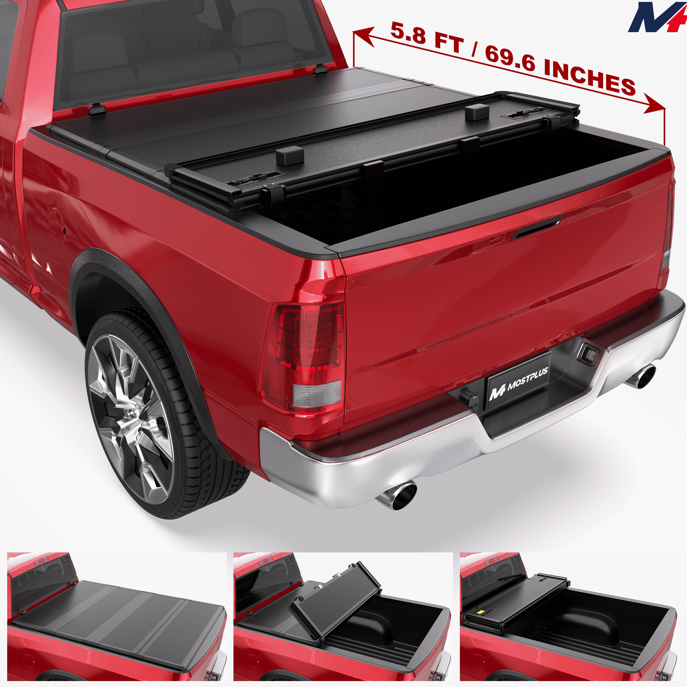 MOSTPLUS FRP 5.7/5.8FT 4-Fold Hard Truck Tonneau Cover for 2009-2026 Dodge Ram 1500 Truck Bed On Top Quad Fold