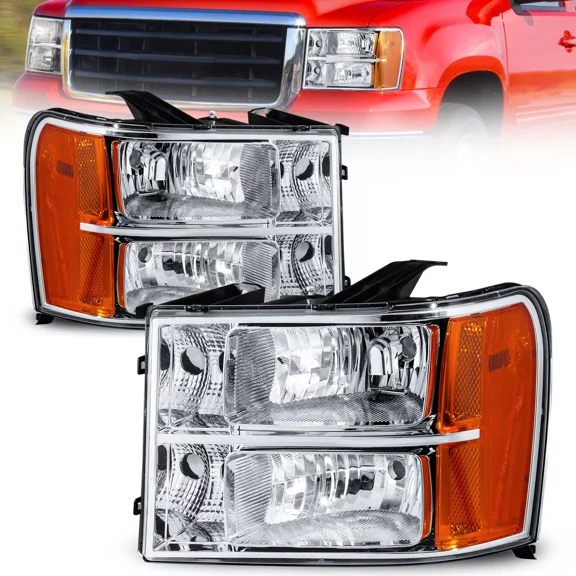 MOSTPLUS For 2007-2013 GMC Sierra 1500 2500HD 3500HD Headlights Chrome Clear A Pair