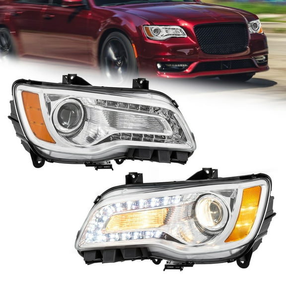 MOSTPLUS For 2011-2023 Chrysler 300 LED DRL Projector Chrome Amber Headlights w/ Bulbs
