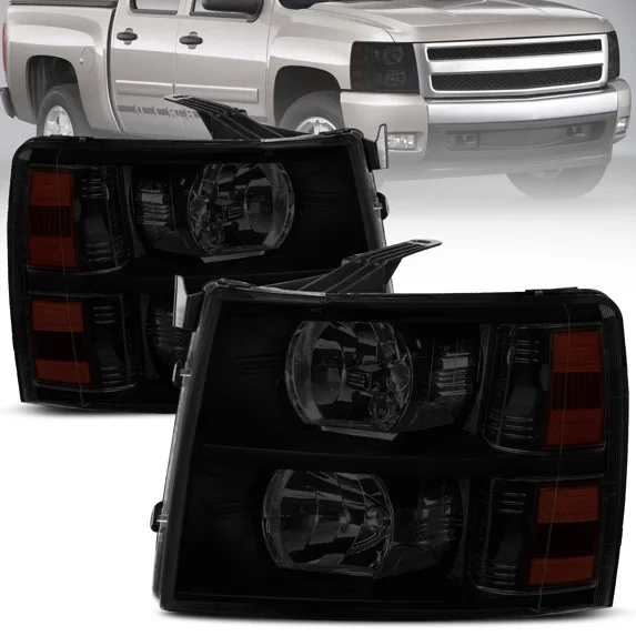 MOSTPLUS Pair Black Headlights Smoke Lens for 2007-2013 Chevy Silverado 1500 2500 3500 w/ Amber Corner