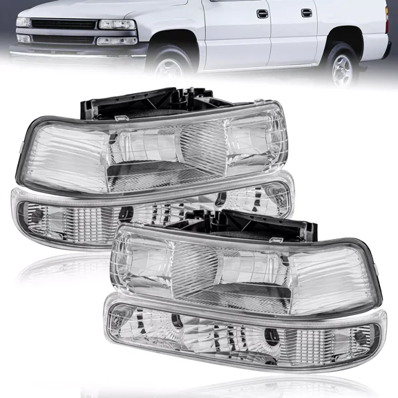 MOSTPLUS Headlights Chrome for 99-02 Chevy Silverado 1500 00-06 Tahoe w/ Bumper Lights