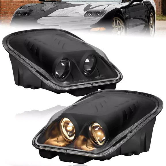 MOSTPLUS Headlights for 1997-2004 Chevy Corvette C5 Black Dual Projector Headlights Lamps Assembly