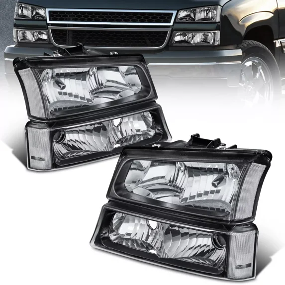 MOSTPLUS Headlights w/Bumper Lamps for 03-06 Chevrolet Avalanche Silverado Black Housing