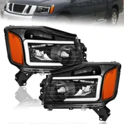 MOSTPLUS LED DRL Black Headlights Assembly for 2004-2015 Nissan Titan 2004-07 Armada