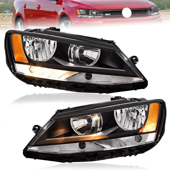 MOSTPLUS Left & Right Black Housing Headlights Headlamp for 2011-2018 VW Jetta Sedan