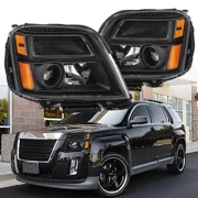 MOSTPLUS Pair Black Amber Headlights Headlamp Assembly for 2010-2015 GMC Terrain Halogen