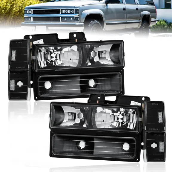 MOSTPLUS Pair Black Headlights for 1988-93 Chevy C/K 1500 2500 3500 w/ Bumper Corner Lights