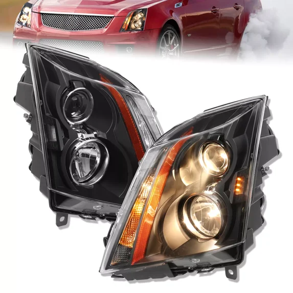 MOSTPLUS Pair Black Headlights w/ Bulbs for 2008-2014 Cadillac CTS 4-Door Sedan Halogen