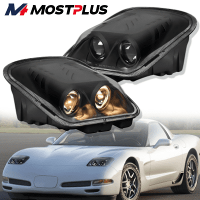 MOSTPLUS Pair Black Housing Clear Lens Dual Projector Headlights For 1997-04 Corvette C5