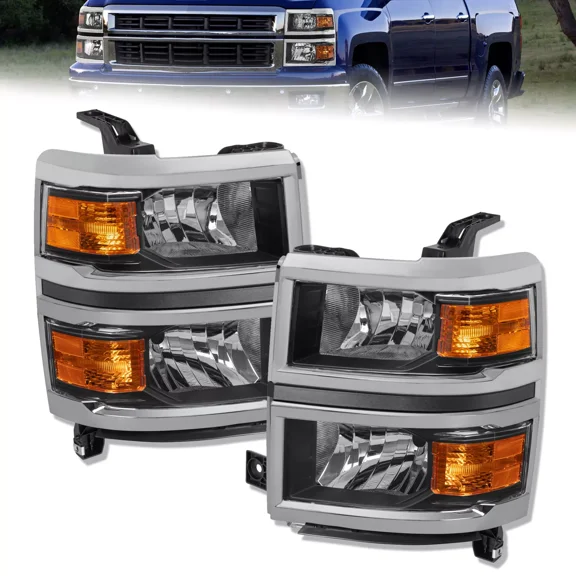 MOSTPLUS Pair Black Housing Clear Lens Headlights Headlamps for 2014-2015 Silverado 1500