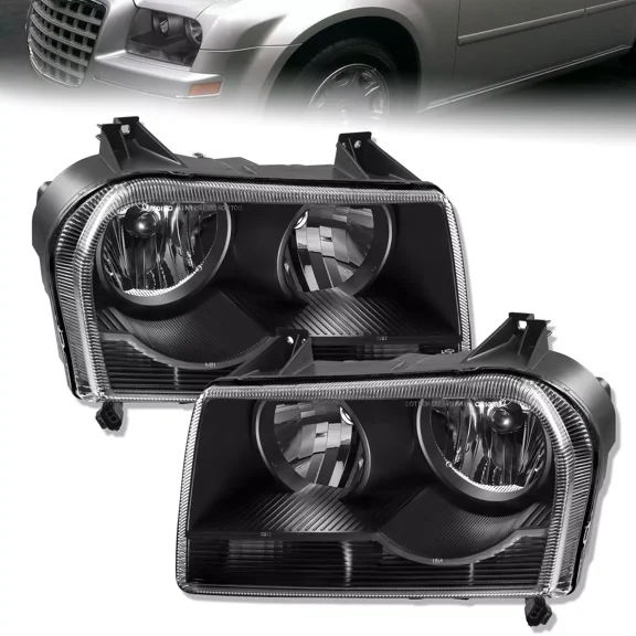 MOSTPLUS Pair Black Housing Headlight Halogen Lamps for 2005-2010 Chrysler 300 2.7L 3.5L
