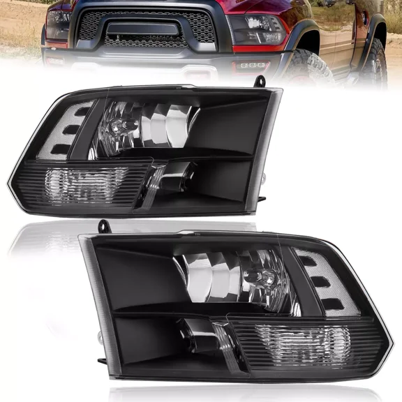 MOSTPLUS Pair Black Housing Headlights Assembly for 2011-2018 Dodge Ram 1500 2500 3500 4500