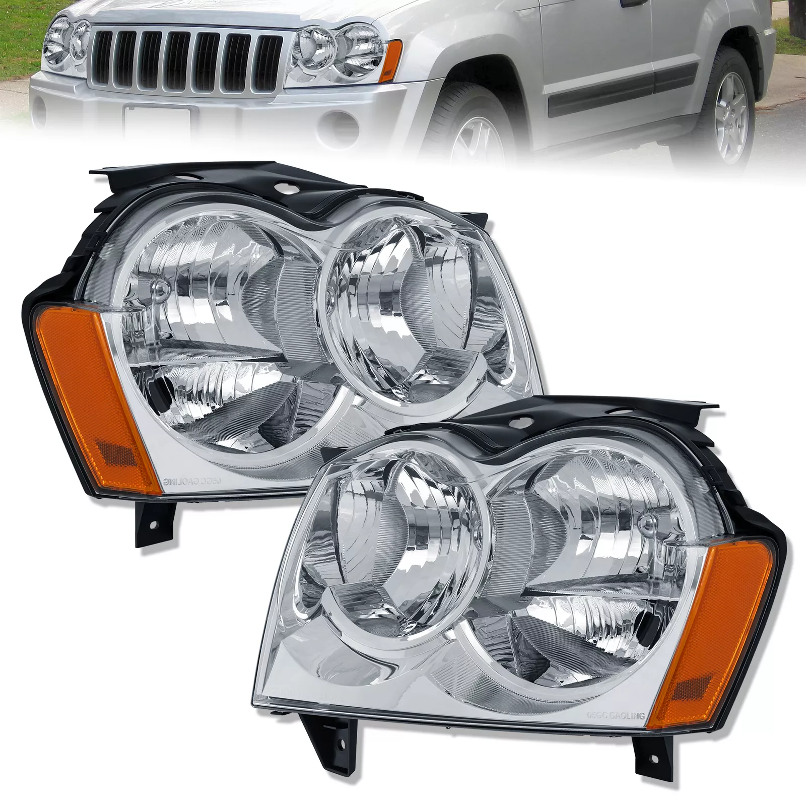 MOSTPLUS Pair Chrome Front Headlights Assembly for 2005-2007 Jeep Grand Cherokee Left & Right