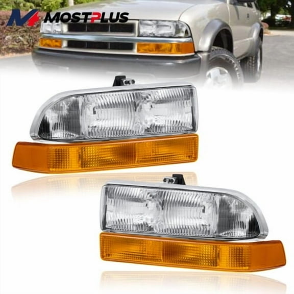 MOSTPLUS Pair Chrome Headlights Assembly for 1998-04 Chevy S10 Blazer SUV Factory Style