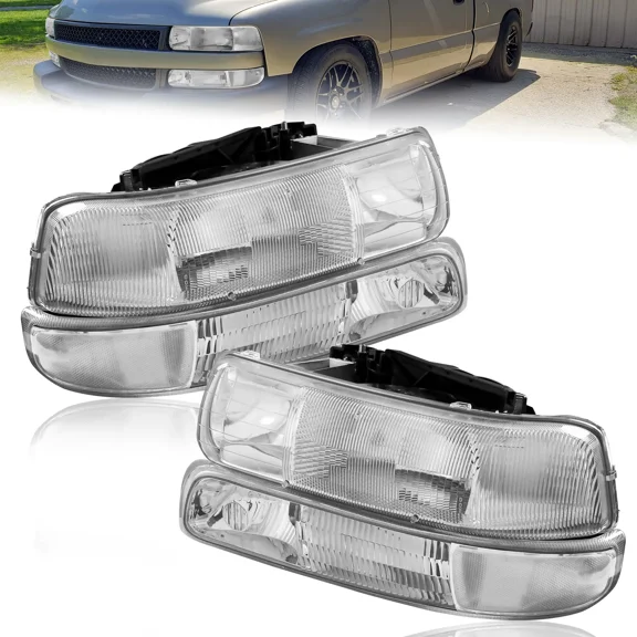 MOSTPLUS Pair Chrome Headlights Assembly for 99-02 Chevy Silverado 00-06 Suburban 1500 2500