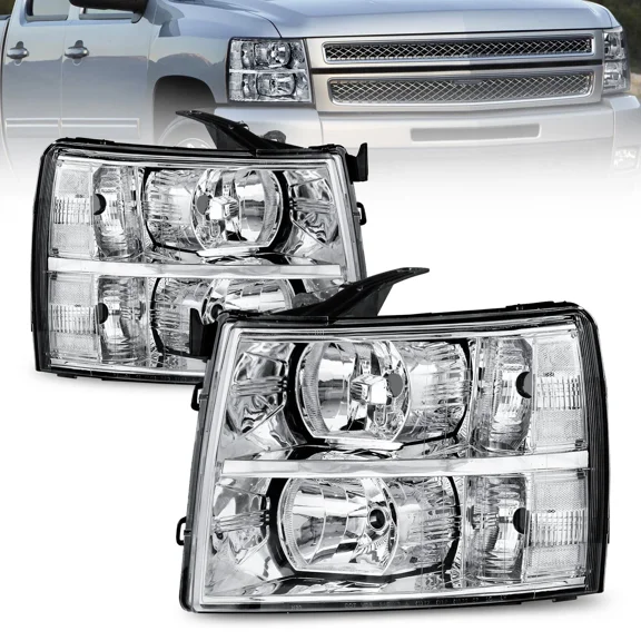 MOSTPLUS Pair Chrome Headlights Clear Lens for 2007-2013 Chevy Silverado 1500 2500 3500 w/ Clear Corner