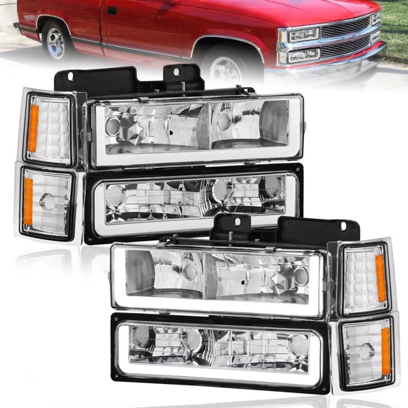 MOSTPLUS Pair Chrome Headlights LED Strip & Bumper Lamp for 1994-98 Silverado C/K 1500 2500