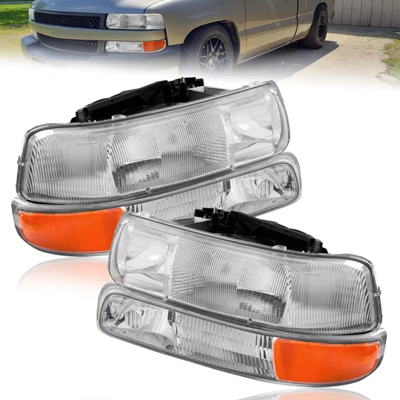 MOSTPLUS Pair Chrome Headlights for 1999-2002 Chevy Silverado 2000-2006 Suburban Tahoe