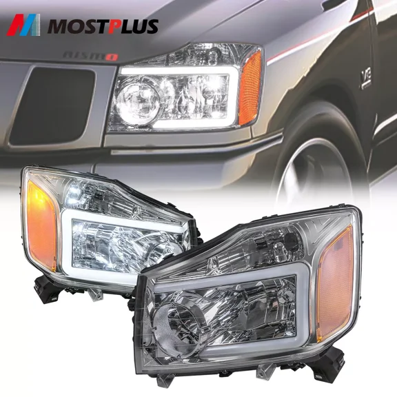 MOSTPLUS Pair Chrome Headlights w/ LED Bar Assembly for 2004-2015 Nissan Titan Front Lamp
