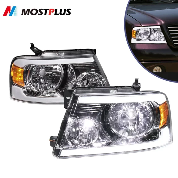 MOSTPLUS Pair Chrome LED DRL Headlights Sequential Turn Signal for 04-08 Ford F150 Mark LT