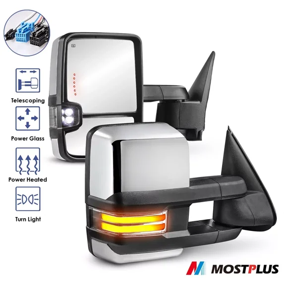 MOSTPLUS Pair Chrome Power Heated LED Signal Tow Mirrors for 2003-2007 Chevy Silverado GMC Sierra