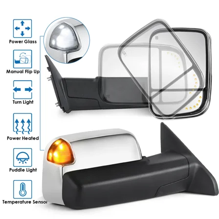 MOSTPLUS Pair Chrome Power Heated Tow Mirrors w/ White Running Light for 09-18 Ram 1500/2500/3500