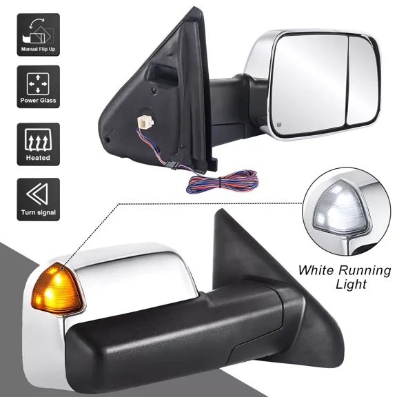 MOSTPLUS Pair Chrome Tow Mirrors w/ LED White Running Light for 2002-2008 Dodge Ram 1500