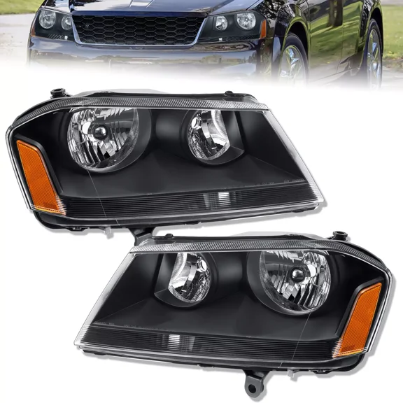 MOSTPLUS Pair Front Black Housing Headlight Assembly for 2008-2014 Dodge Avenger Left & Right