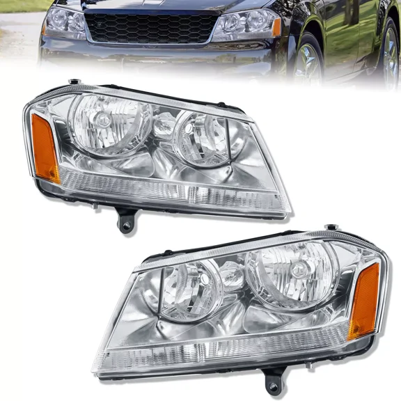 MOSTPLUS Pair Front Chrome Headlights Assembly for 2008-2014 Dodge Avenger w/Amber Corner