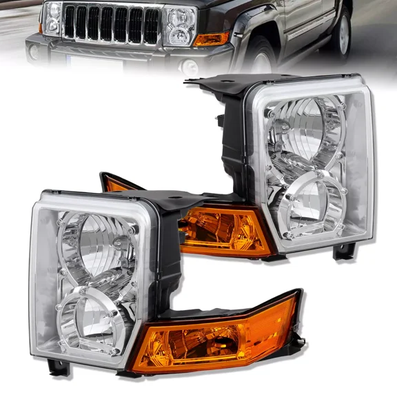 MOSTPLUS Pair Front Chrome Housing Headlights Assembly for 2006-2010 Jeep Commander