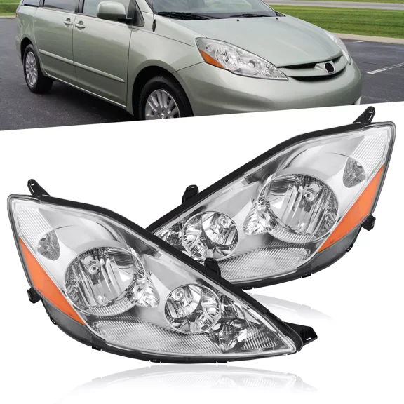 MOSTPLUS Pair Headlights for 2006-2010 Toyota Sienna 3.5L Chrome Housing Amber Reflector