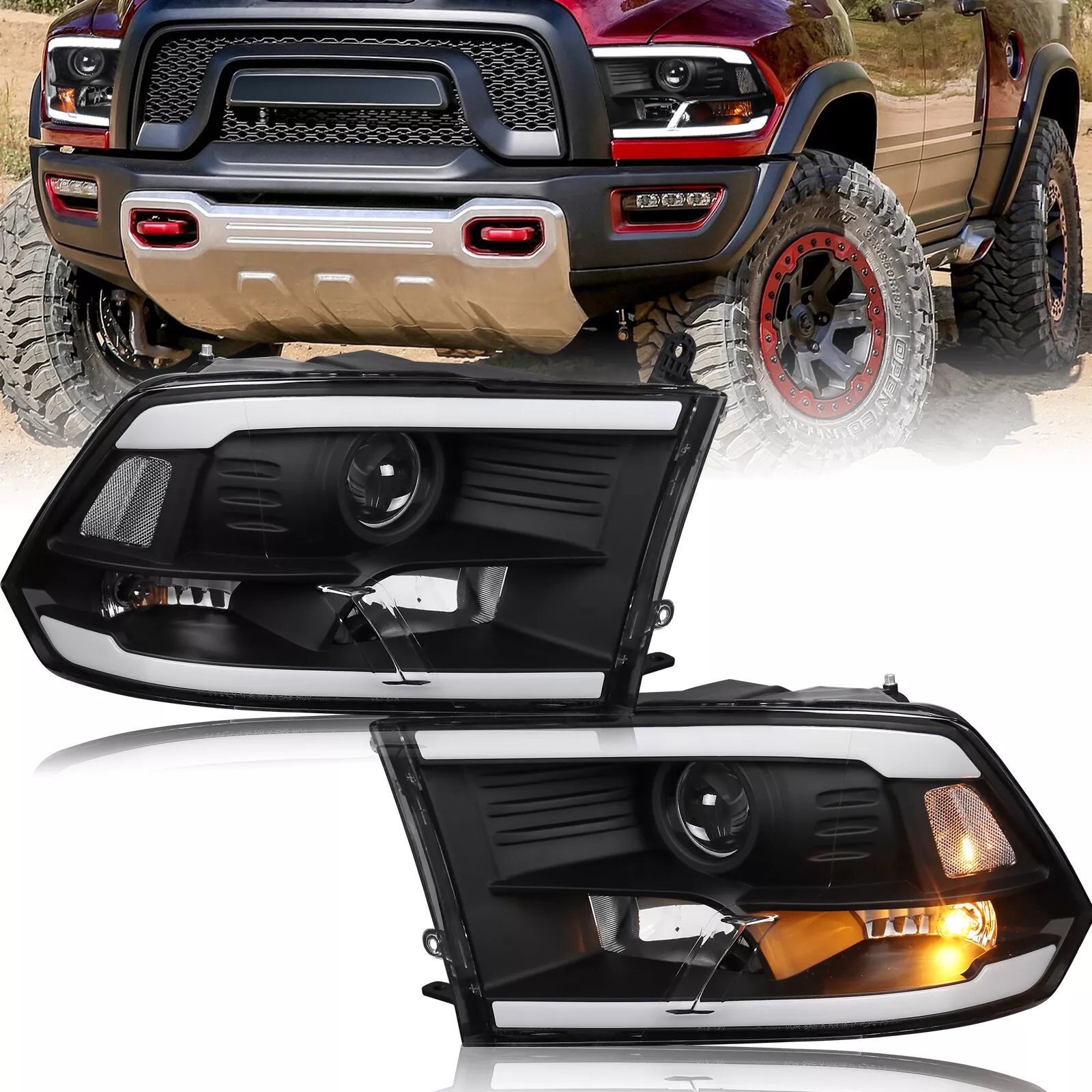 MOSTPLUS Pair LED DRL Black Headlights for 2009-2018 Dodge Ram 1500 2500 3500 Halogen