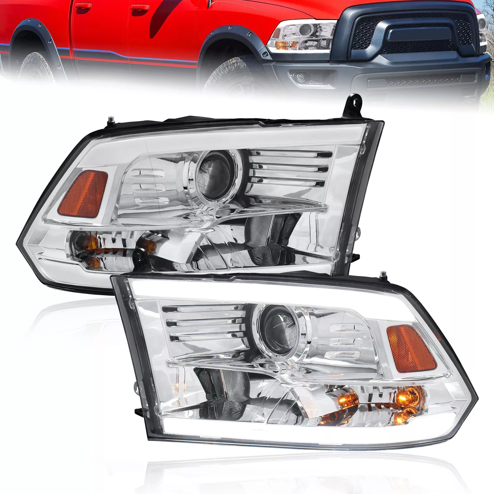 LED DRL Black Headlight Housing For 2009-2018 Dodge Ram 1500/2500/3500 – Halogen Models – Clear Lens Pair