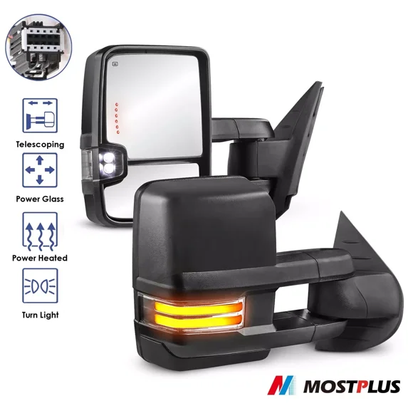 MOSTPLUS Pair Power Heated Sequential LED Signal Tow Mirrors for 2007-14 Chevy Silverado Tahoe