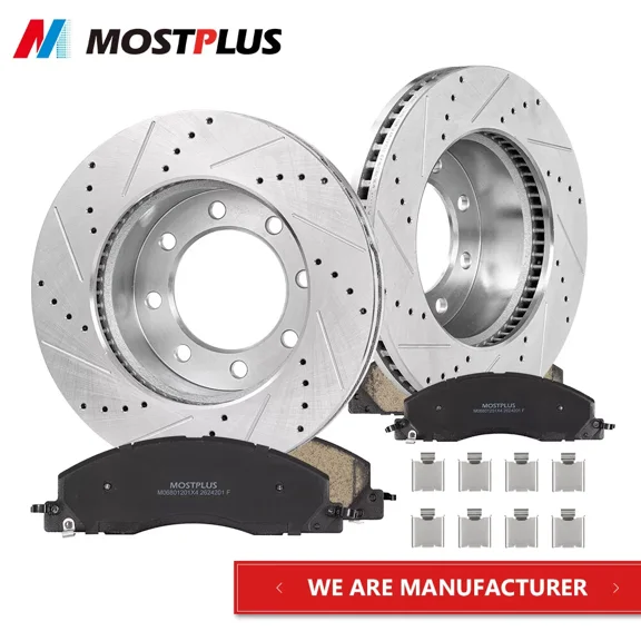 MOSTPLUS Set(2) Front Drilled Brake Rotors w/ Brake Pads for 2009-18 Dodge Ram 2500 3500