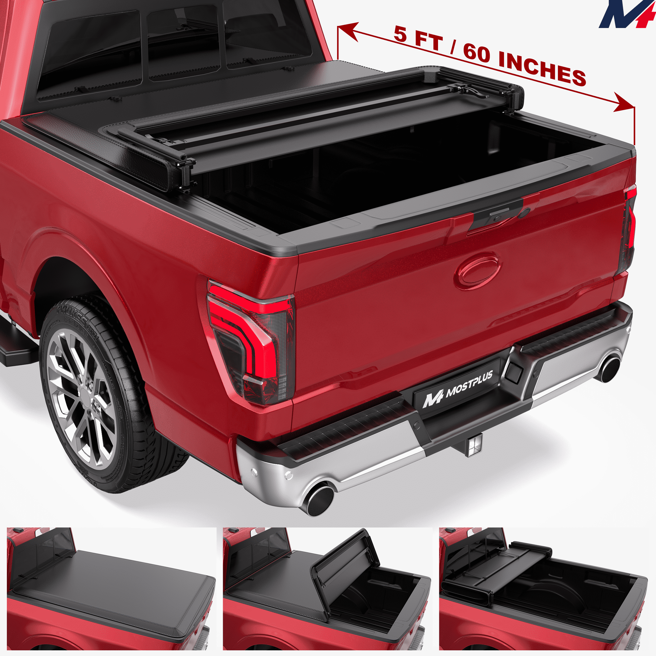 MOSTPLUS 3-Fold 5FT Soft Tonneau Cover for 2019-2026 Ford Ranger XLT Pickup Truck Bed Cover W/LED