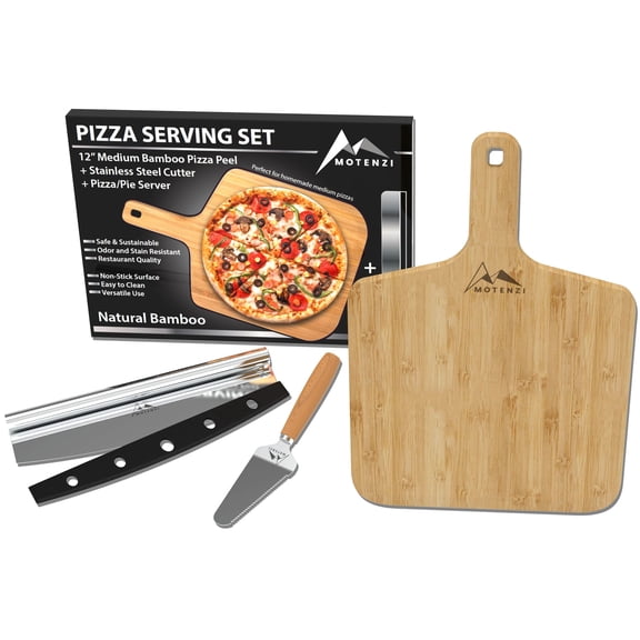 MOTENZI Bamboo Pizza Peel With Cutter and Server, Bamboo Pizza Board Wooden Pizza Paddle Spatula Oven Accessory for Baking Homemade Pizza, Wood Cutting Board for Cheese Bread Fruit Vegetables