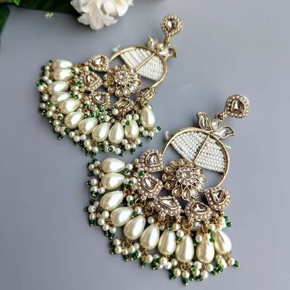 MOTHER TRADERS Bollywood Gold Plated Indian Jewelry Pearl Kundan Bridal Jhumka Earrings Set