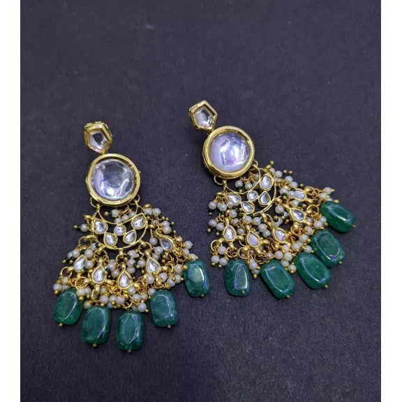 MOTHER TRADERS Bollywood Gold Plated Indian Jewelry Pearl Kundan Bridal Jhumka Earrings Set