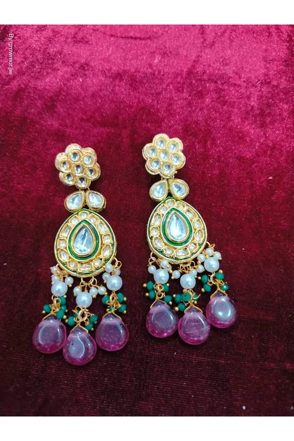 MOTHER TRADERS Gold Finished Semi Precious MInt/Pink Kundan Polki Long Earrings For Women Set