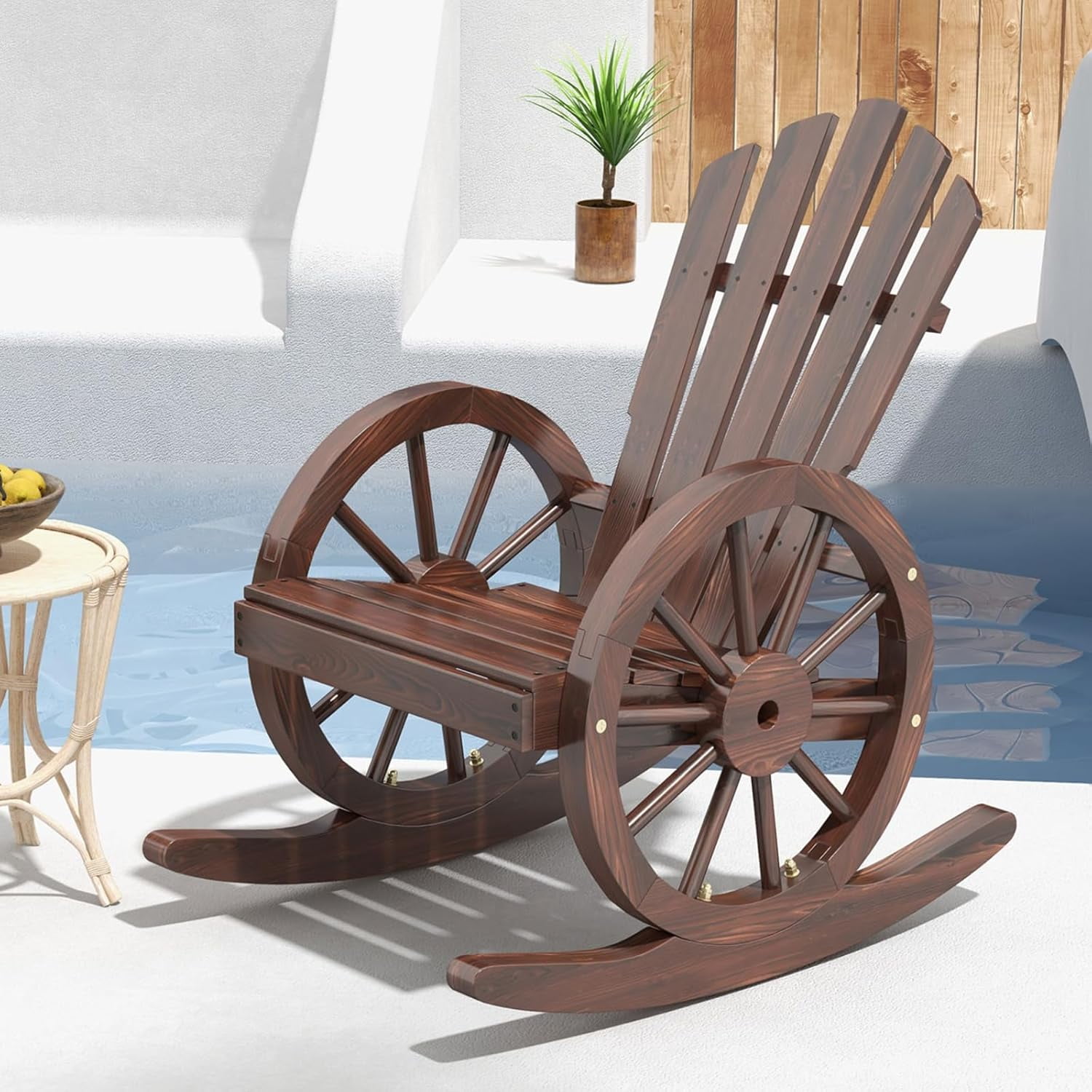 MOTION Wagon Wheel Rocking Chair - Wooden Outdoor Rocking Chair with ...