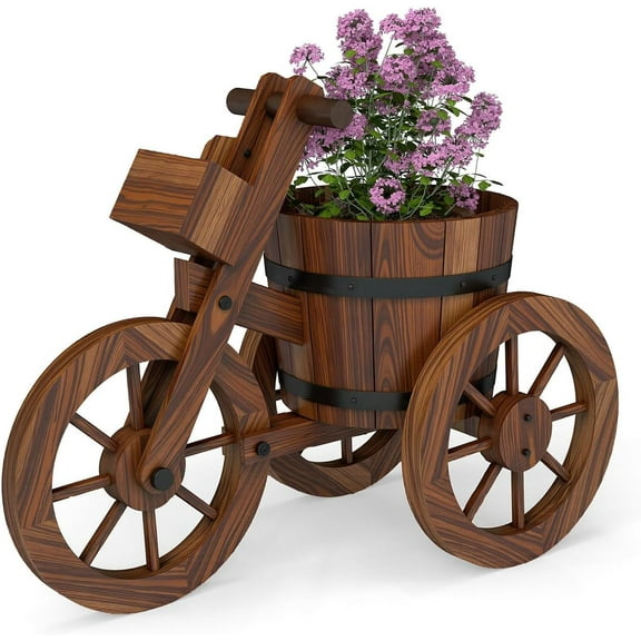 MOTION Wooden Wagon Planter, Outdoor Garden Planter with Wagon Wheels, Decorative Patio Tricycle Plant Box for Plants Flowers Herbs, Flower Cart for Backyard Garden Patio, Brown