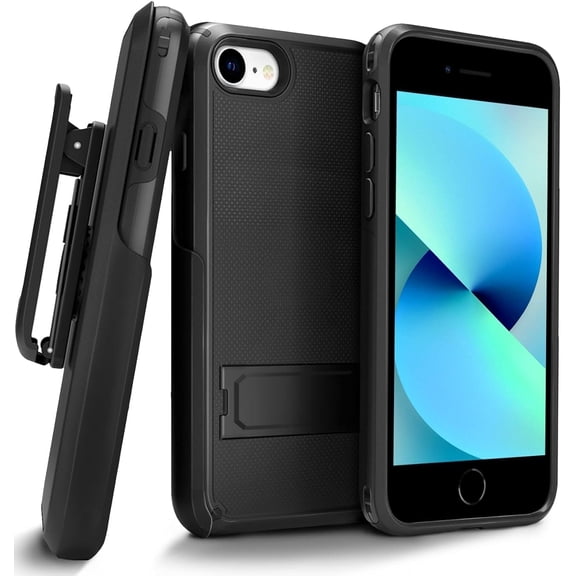 MOTIVE Case with Belt Clip for iPhone SE 2020/2022, Belt Clip Case w/Kickstand & Card Holder for Apple iPhone SE3 2022/SE2 2020/8/7 Protective Case [4.7"] | Black