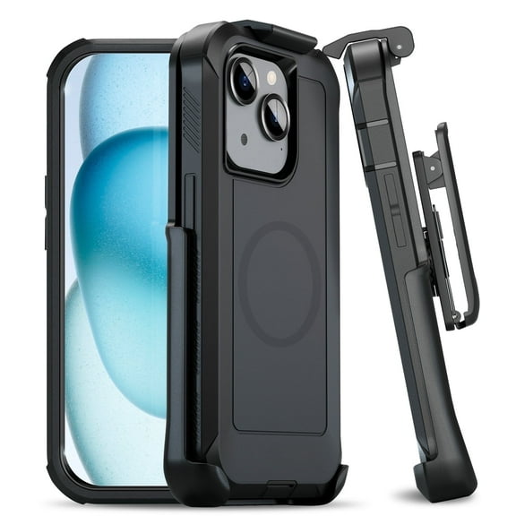 MOTIVE Designed for iPhone 15 Case with Belt Clip, Magnetic Case Magsafe Compatible, Heavy Duty and Quad Layer Military Grade Protection for iPhone 15 Holster, 6.1" | Black