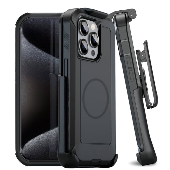 MOTIVE Designed for iPhone 15 Pro Case with Belt Clip, Magnetic Case Magsafe Compatible, Heavy Duty and Quad Layer Military Grade Protection for iPhone 15 Pro Holster, 6.1" | Black