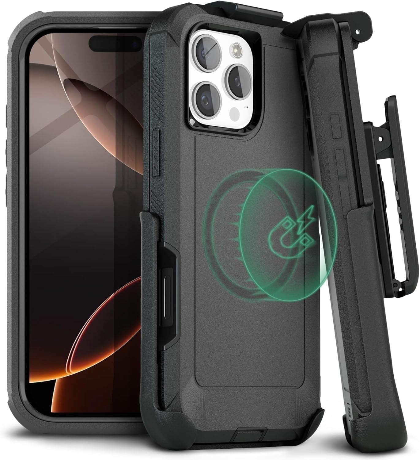 MOTIVE Designed for iPhone 16 Pro Max Case with Belt Clip, Magnetic Case Magsafe Compatible, Heavy Duty and Quad Layer Military Grade Protection for iPhone 16 Pro Max Holster, 6.9" | Black