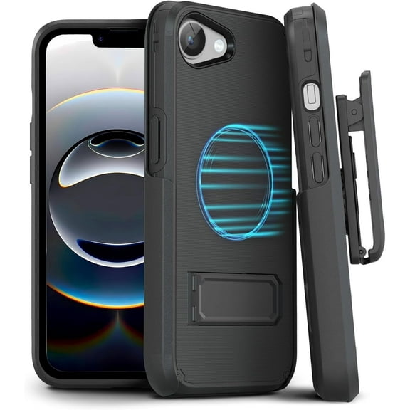 MOTIVE Designed for iPhone 16e Case with Belt Clip, Shell Holster Combo for Apple iPhone 16 E, Slim Rugged Case with Holster, Compatible with MagSafe, Protective Cover & Kickstand 6.1" | Black - 2025