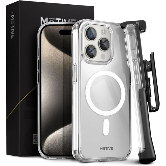 MOTIVE Strong Magnetic Clear for iPhone 15 Pro Max Case with Belt Clip, (Designed for Magsafe) Military Drop Protection, Slim Phone Case with Clip for iPhone 15 Pro Max 6.7 inch |Clear
