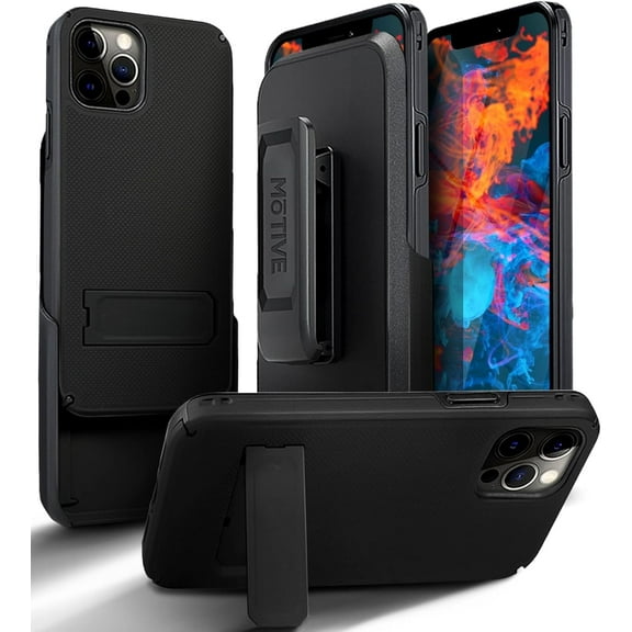 MOTIVE iPhone 13 Pro Max Case Holster with Belt Clip, Heavy Duty Lightweight Slim Rugged Drop Shockproof Hard Protective Cover with Kickstand, 6.7" Pro Max | Black V2