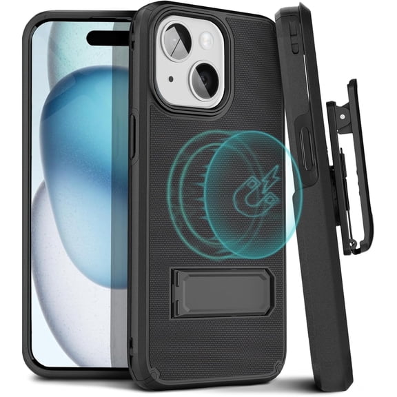 MOTIVE for iPhone 15 Case with Belt Clip, Magnetic Case Compatible with MagSafe, Shell Holster Combo, Shockproof Cover, iPhone 15 Case with Clip & Kickstand, 6.1" | Black V2
